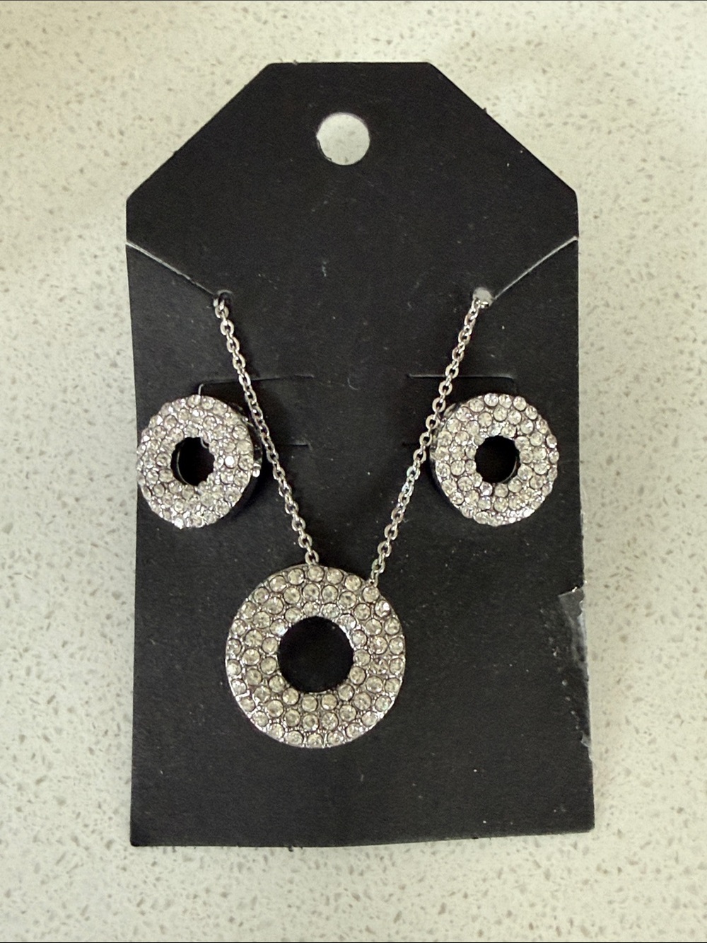 Crystal Circle Pendant Necklace and Earring Set - Silver